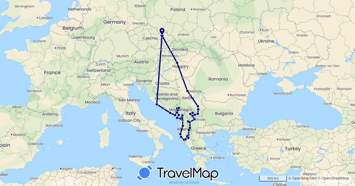 TravelMap itinerary: driving in Albania, Czech Republic, Croatia, Hungary, Montenegro, Macedonia, Serbia, Kosovo (Europe)